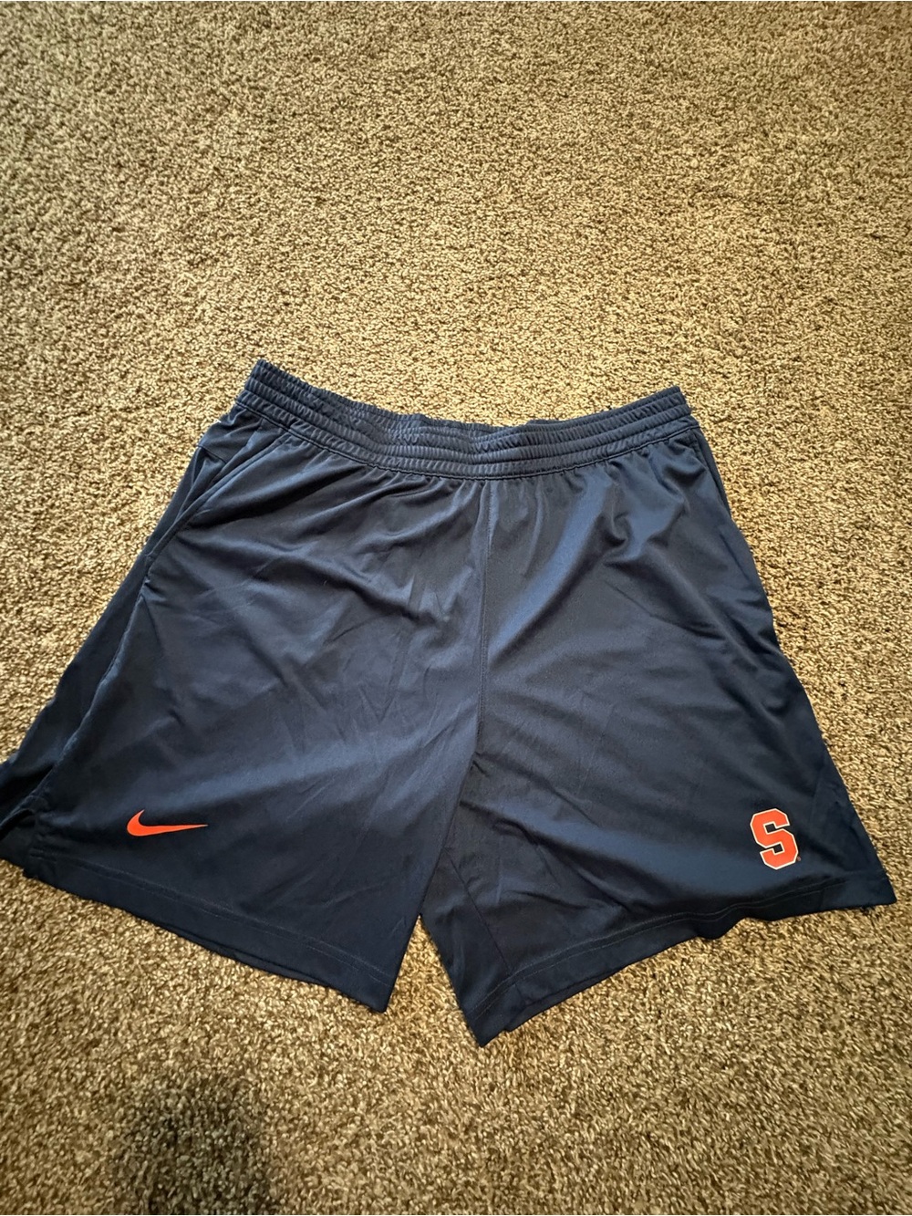 Nike Men’s Navy Athletic Shorts with Orange S and Swoosh